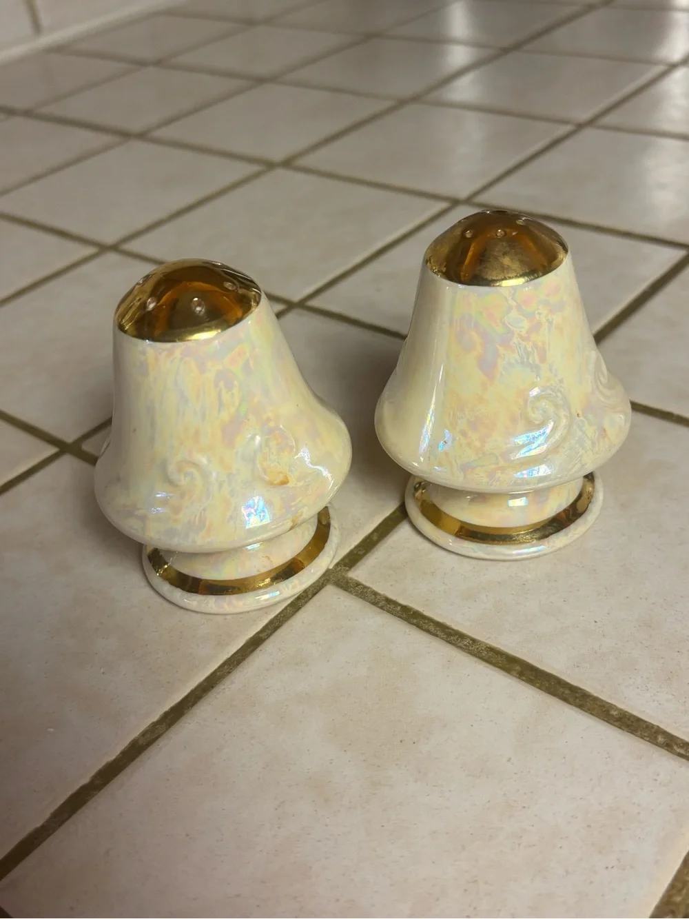 Vintage 1950s Lustreware Mushroom Salt & Pepper Shakers Gold Trim Ceramic Pair